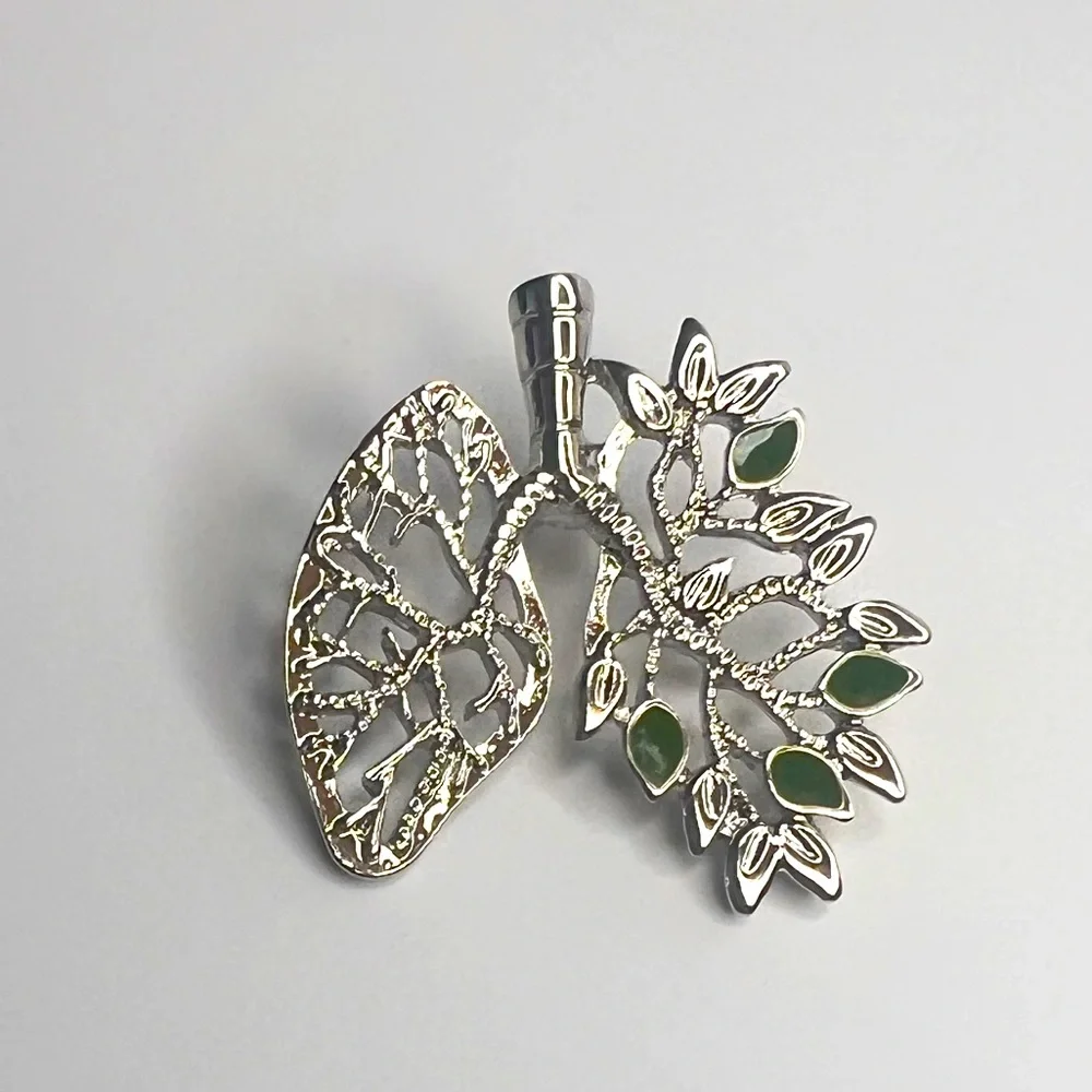 Green Leaf Inlay Silver tone Lungs Brooch - Floral